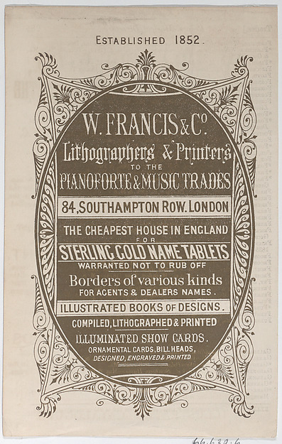 Anonymous, British, 19th century, Trade Card for W. Francis & Co., Lithographers and Printers