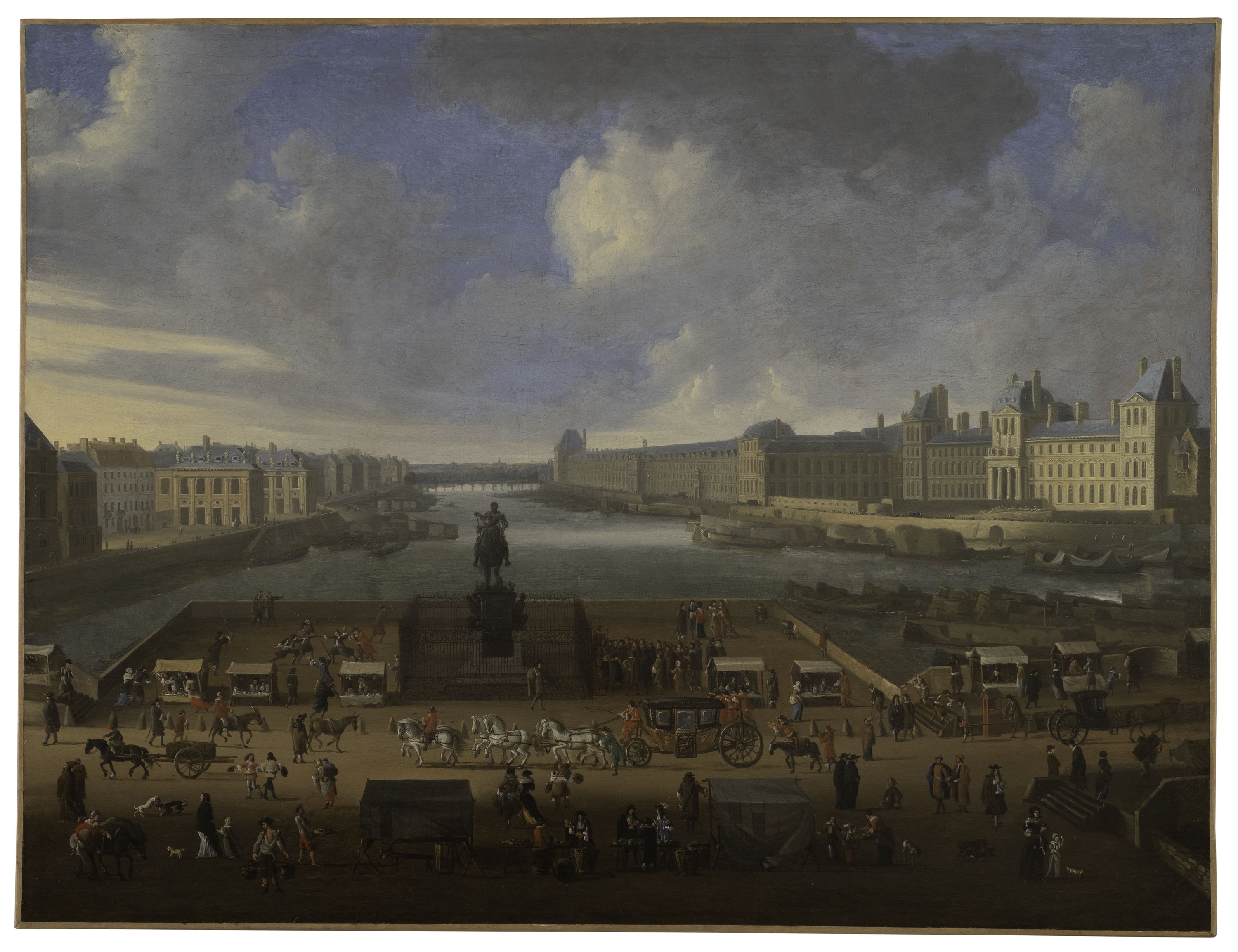 Anonyme, Le Pont-Neuf, vu de l'entrée de la place Dauphine, le quai Malaquais avec le collège des Quatre-Nations, la Grande Galerie et le Louvre, vers 1669, actuels 1er et 6ème arrondissements