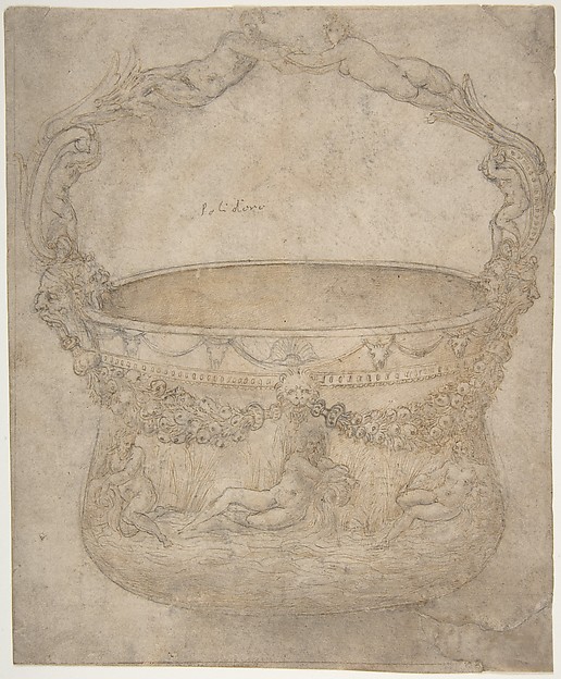 Girolamo Genga, Design for a Bucket-Like Vessel with a Handle of Interlaced Figures, on a Body Adorned with Bucrania, Garlands, and Three River Gods