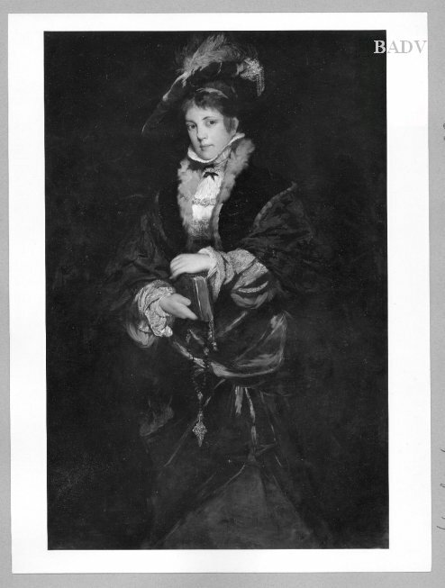 Hans Makart, Damenbildnis mit rotem Federhut, Gebetbuch und Rosenkranz
