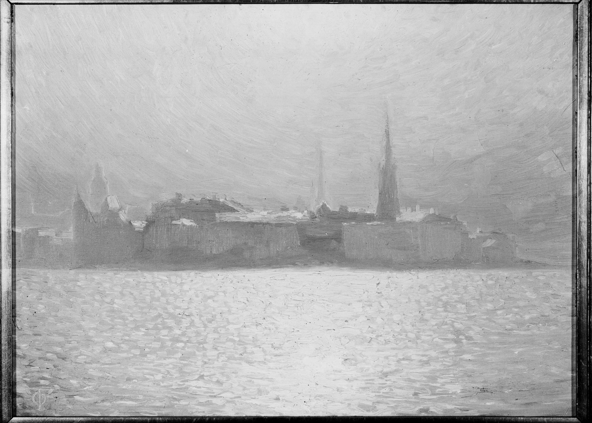 Paul Sandberg, Konstverk - oljemålning med stadsmotiv, signerad Olof Thunman, fotograferad 1942