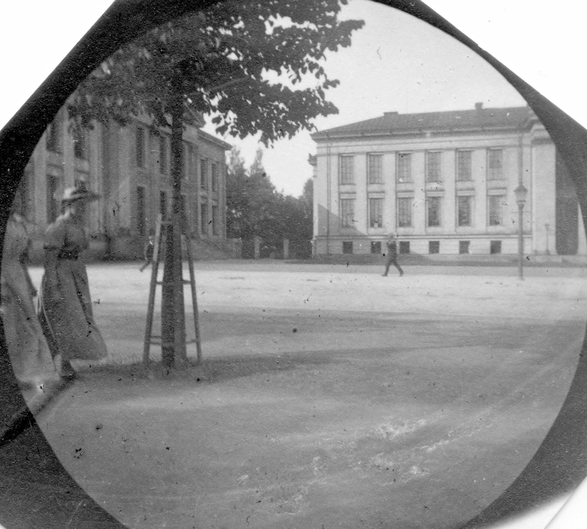 Fredrik Carl Mülertz Størmer, Frk.Helga Bull spaserer langs Karl Johans gate, Oslo, ved Universitetsplassen.