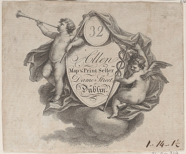 Anonymous, British, late 18th–early 19th century, Trade card for William Allen, Map and Print Seller in Dublin