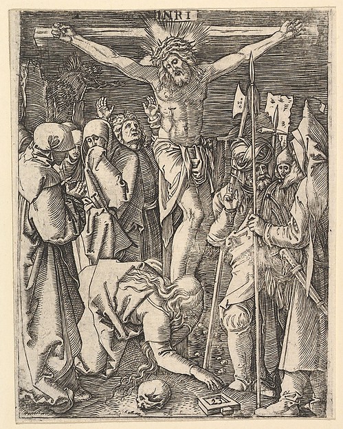 Marcantonio Raimondi, The Crucifixion: Christ on the cross with Magdalen in foreground, from "The Passion of Christ", after Dürer
