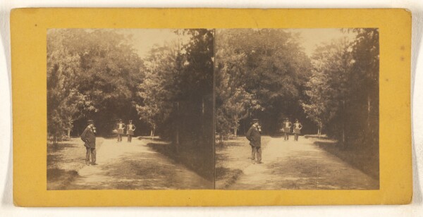 Unknown, [Two men in military garb walking down a path, another man standing to left]