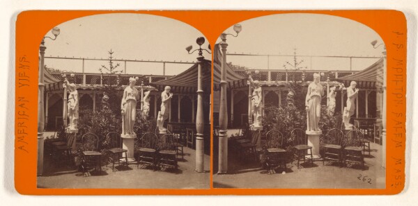 John S. Moulton, [Sculptures in garden with chairs and plants, possibly at Salem, Massachusetts]