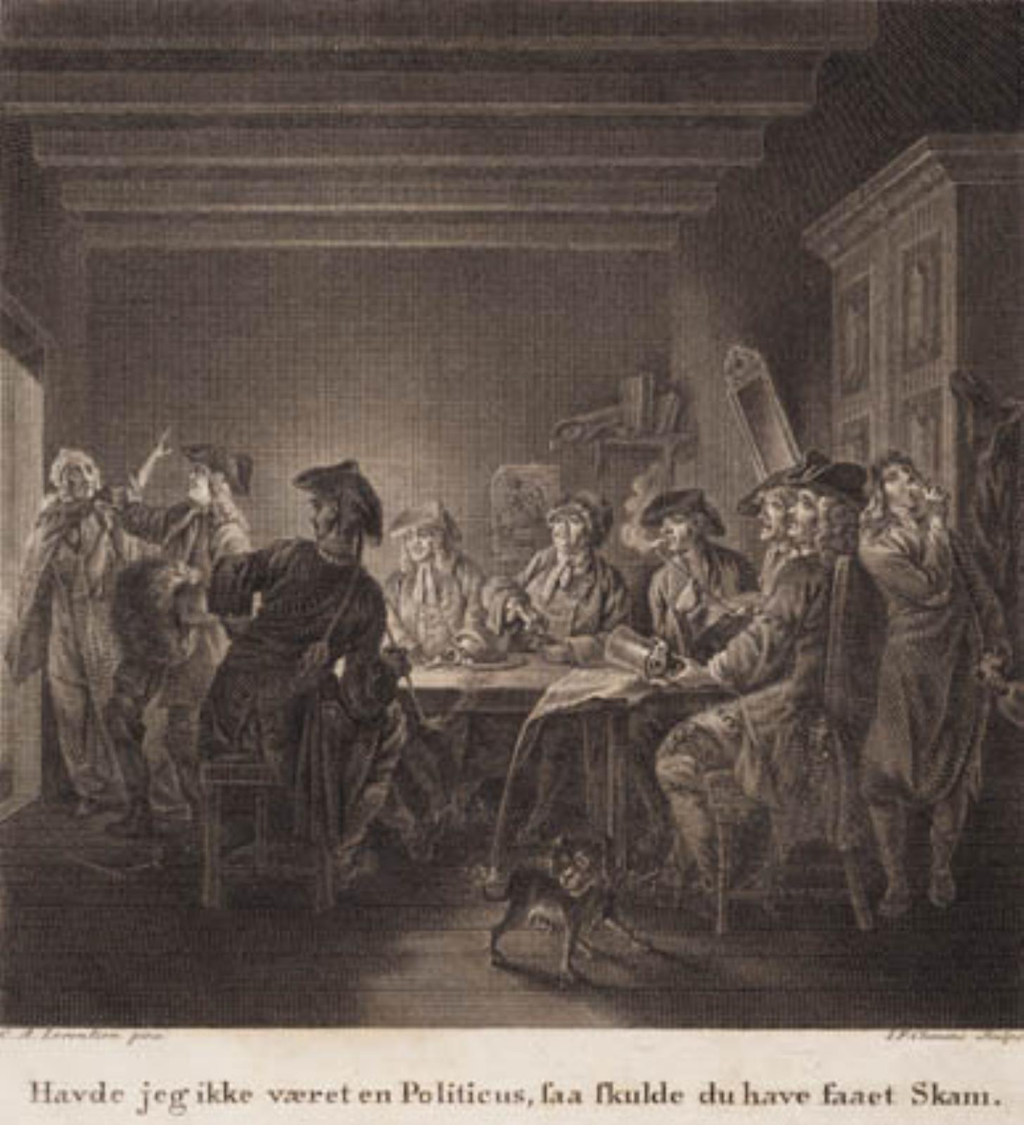 J.F. Clemens, Den politiske kandestøber. ”Havde jeg ikke været en Politikus, da skulle du have fået skam.” Gravering efter Lorentzens Holberg Galleri.