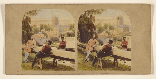 Roger Fenton, [Three men at a table outside, castle in background]
