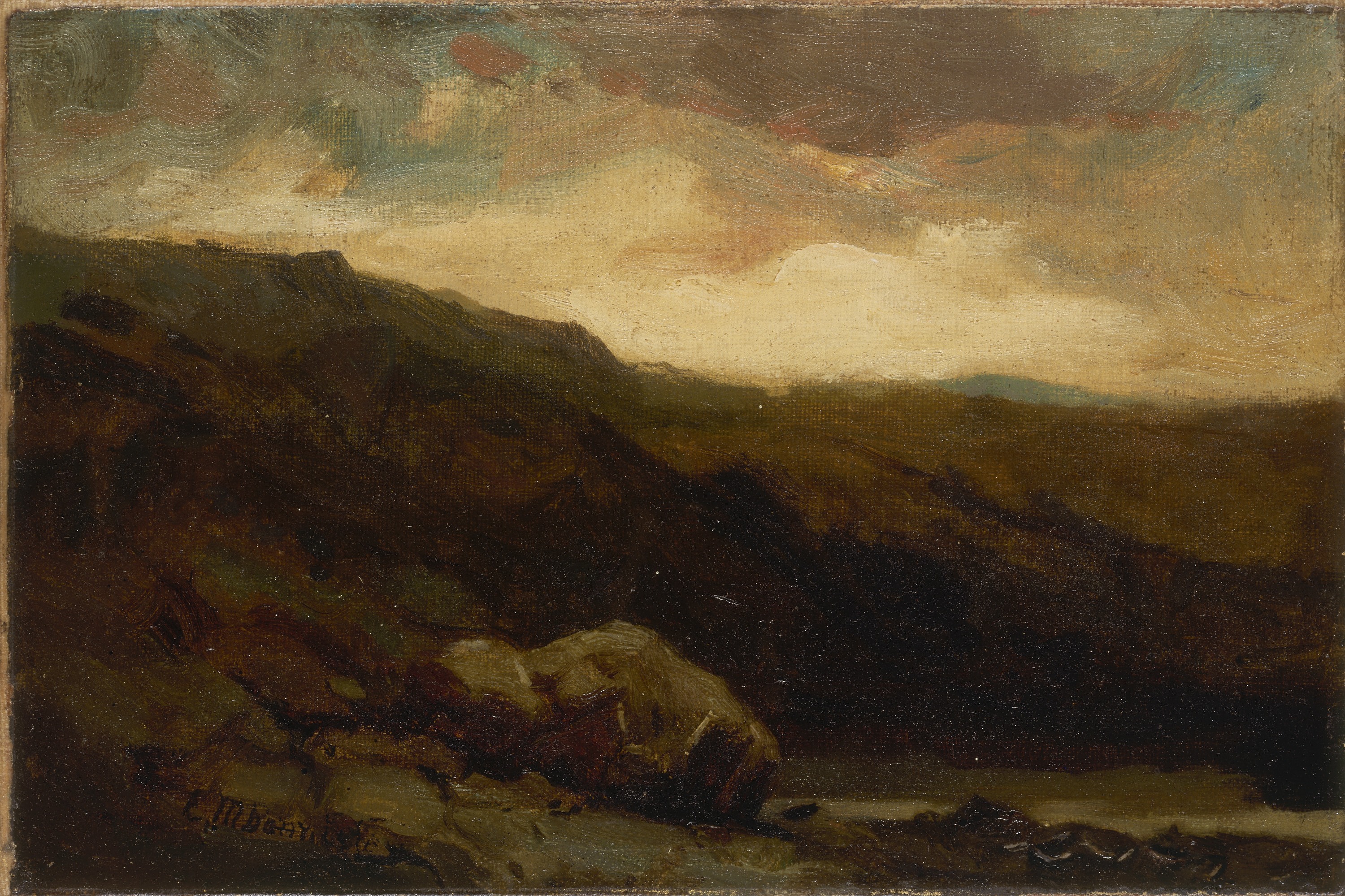 Edward Mitchell Bannister, Untitled (mountainous landscape with rock and stream in foreground)