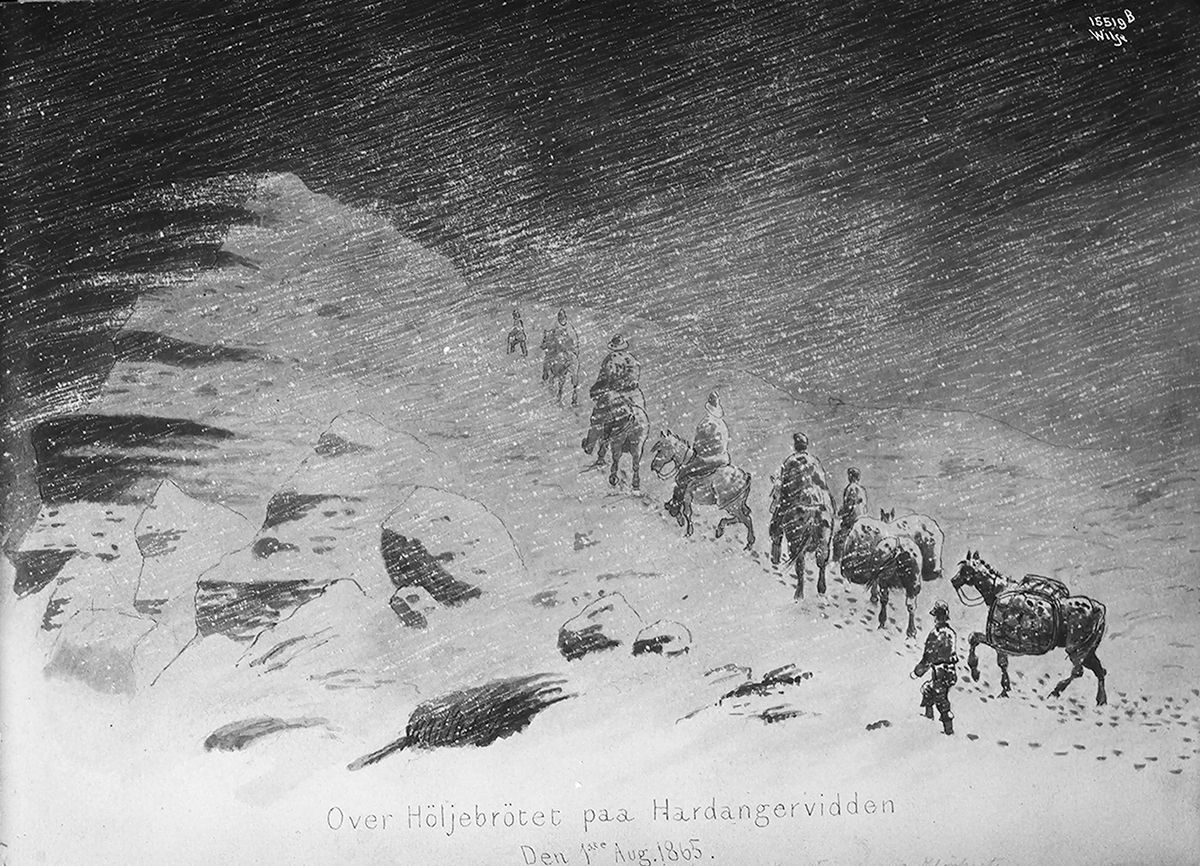 Anders Beer Wilse, Prot: Turistforeningen Copi tegninger Tekst på tegning: Over Høljebrøtet paa Hardangervidden Den 1ste Aug 1865