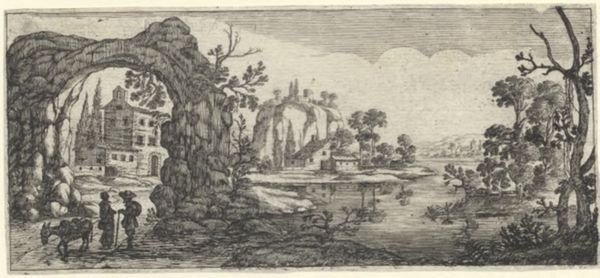 Hooch, Carel de, (1577?-1638), (printmaker), Oblong landscapes: Riverscape with a stone archway