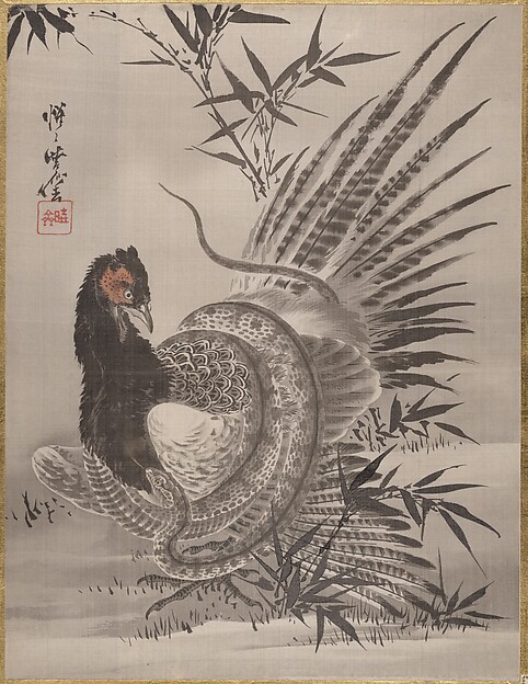 Kawanabe Kyōsai 河鍋暁斎, Pheasant Caught by a Snake