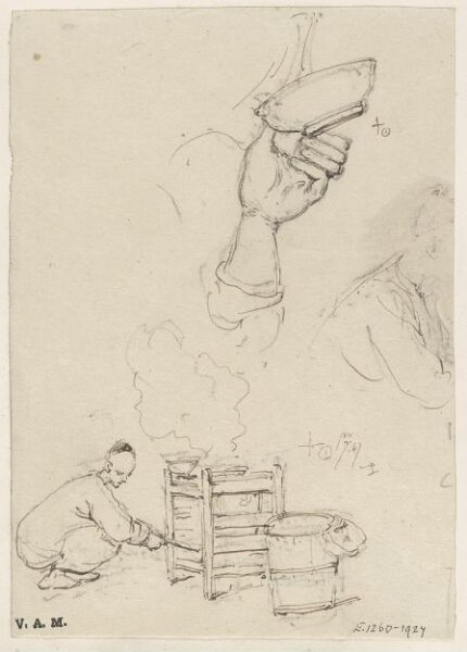 George Chinnery, A Chinese figure at a cooking stove, and a hand tipping a bowl