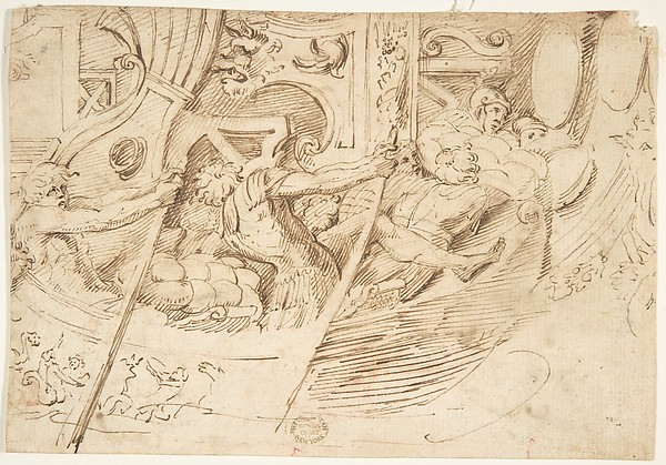 Anonymous, Italian, 16th century, Ancient Naval Battle (recto); Park with Monuments (verso)