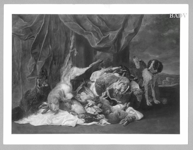 Jan Fyt, Two dogs watching a still-life of birds + horses