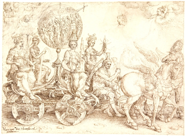 Maarten van Heemskerck, Triumfvogn. Mundus (verden). (En allegori på de fire elementer)