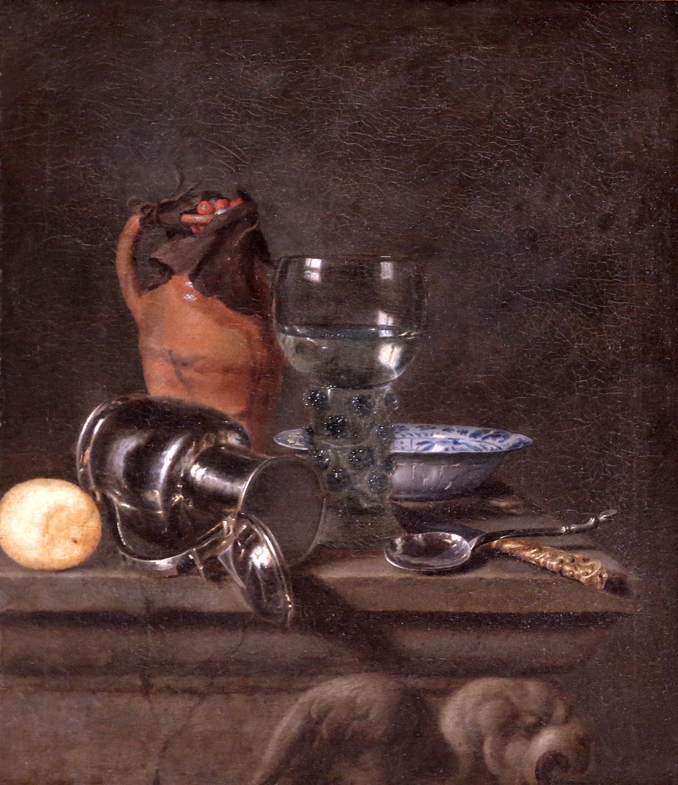 Simon Luttichuys, Still life with fallen pewter jug and roemer