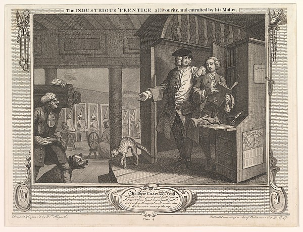 William Hogarth, The Industrious 'Prentice a Favorite and Entrusted by his Master (Industry and Idleness, plate 4)