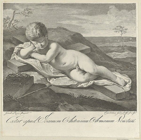 Gaetano Gandolfi, The Christ Child sleeping on a cross in a landscape, crown of thorns in the foreground, after Reni