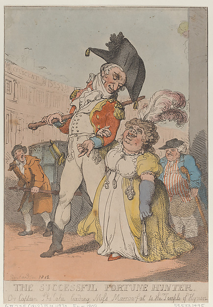 Thomas Rowlandson, The Successful Fortune Hunter, or Captain Shelalee Leading Miss Marrowfat to the Temple of Hymen