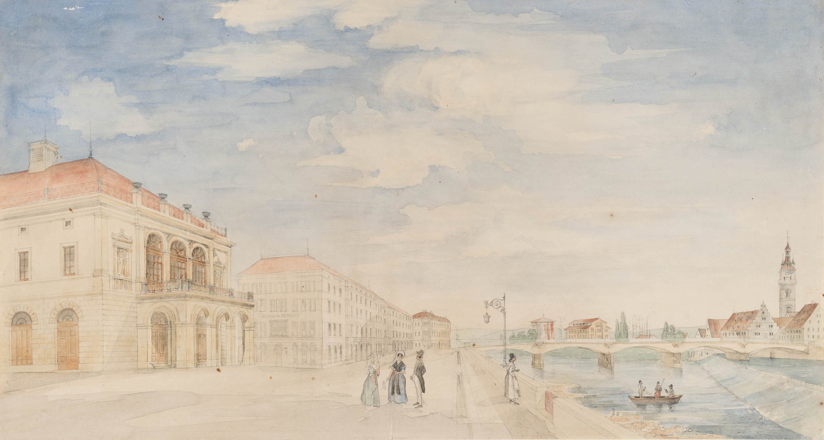 Christian Friedrich von Leins, Ansicht des Wilhelmatheaters mit Wilhelmsbrücke und Cannstatter Stadtkirche