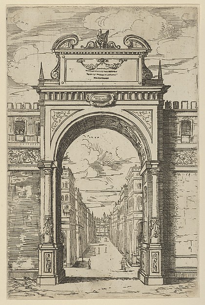Guido Reni, Triumphal arch surmounted by a statue of Moses, buildings seen through the arch below, a temporary decoration for the entry of Pope Clement VIII in Bologna in 1598