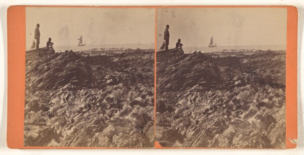 Unknown, [Men on rocky coastline observing ship at sea]