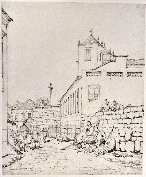 George Chinnery, Macau street scene with the towers of S. Lourenço Church