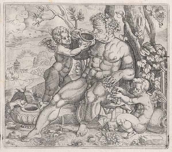 Anonymous, Bacchus, Seated, Drinking from a Vase Presented by a Putto, from "Speculum Romanae Magnificentiae"