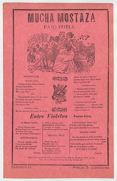 José Guadalupe Posada, Broadsheet with songs for a two-step dance (paso doble), a man and woman talking while elegantly dressed couples dance in the background