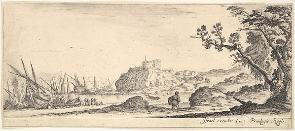 Stefano della Bella, Plate 7: various boats on shore to left, a man carrying a bag, seen from behind and walking towards the background, a fortress in center background, a tree to the right, from "Various Landscapes" (Divers Paysages)