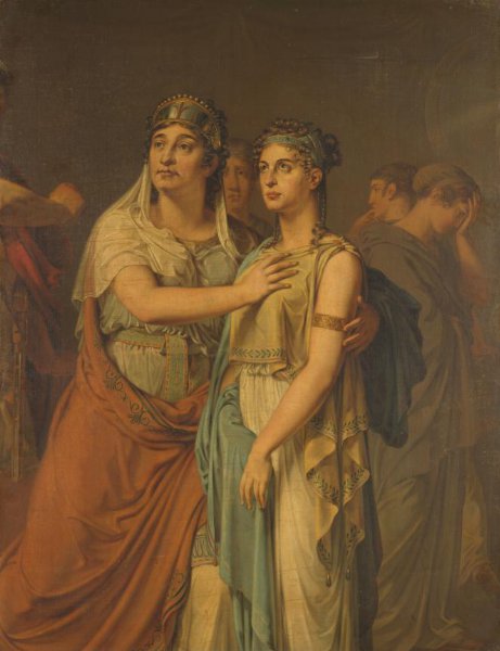 Louis Moritz, De actrices Joanna Cornelia Ziesenis-Wattier (1762-1827) en Geertruida Jacoba Grevelink-Hilverdink (1786-1827) in Iphigenia (1674) van Jean Racine (1639-99)