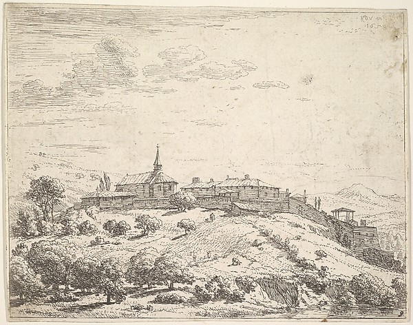 Karel Dujardin, Walled village on a hill, with church at left and buildings constructed on the downslope at right, trees and hillside in the foreground