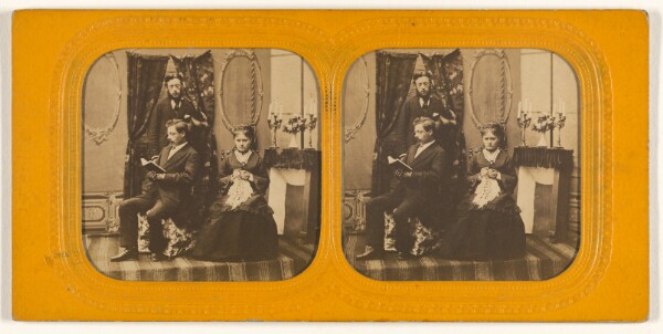 Unknown, [Parlor scene with two men and one woman]