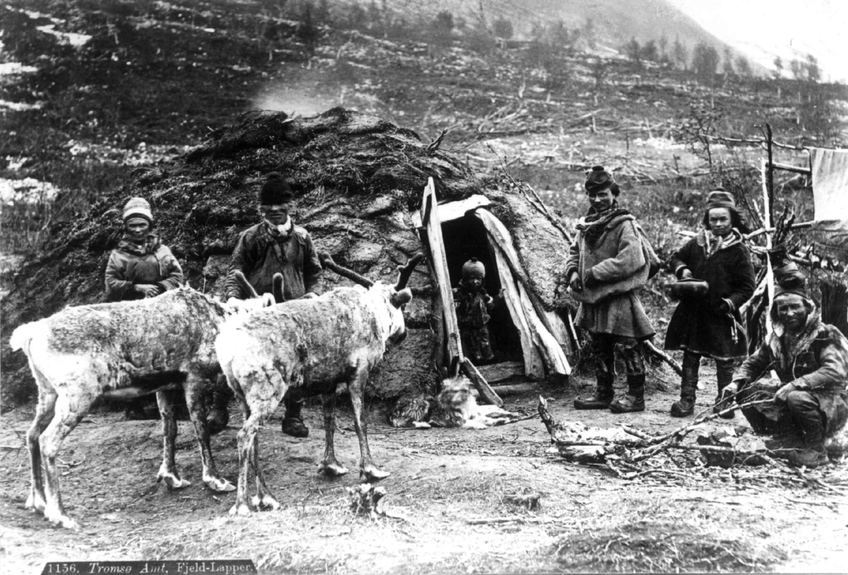 Axel Lindahl, Svenske samer foran gamme, to reinsdyr i forgrunnen. Muligens Troms 1885-92. Barn og voksne.