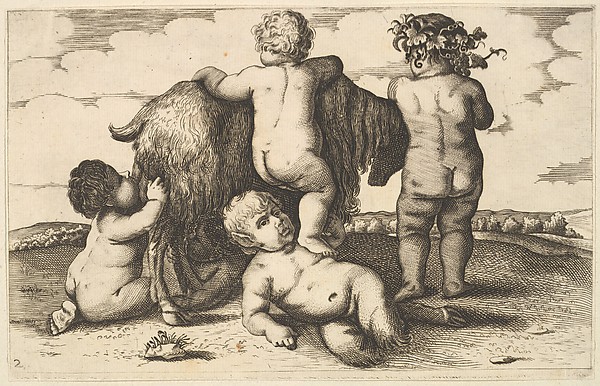 Wenceslaus Hollar, Four boys, a young satyr and a goat (copy in reverse)