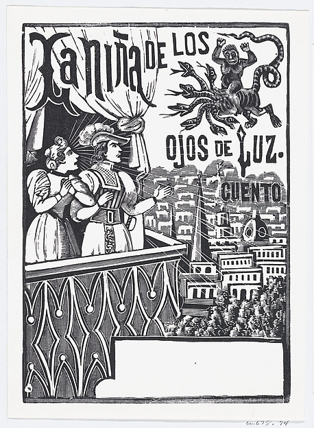 José Guadalupe Posada, A woman and a man standing on a balcony looking up at a flying monster in the sky
