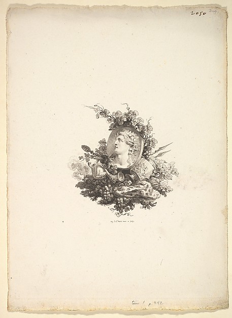 Augustin de Saint-Aubin, Vignette with the Head of Bacchus on a Cornelian, Tome I, Page 242, from Description des Principales Pierres gravées du Cabinet de S.A.S. Monseigneur le Duc d'Orléans Premier Prince du sang. A Paris chez M. l'abbé de la Chau au Palais-Royal M. l'abbé Le Blond au collége Mazarin Et chez Pissot, libr…