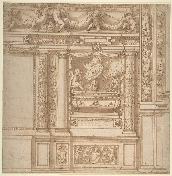Anonymous, Italian, 16th century, Design for Wall Decoration with a Funeral Monument Decorated with Columns and Putti Holding Garlands