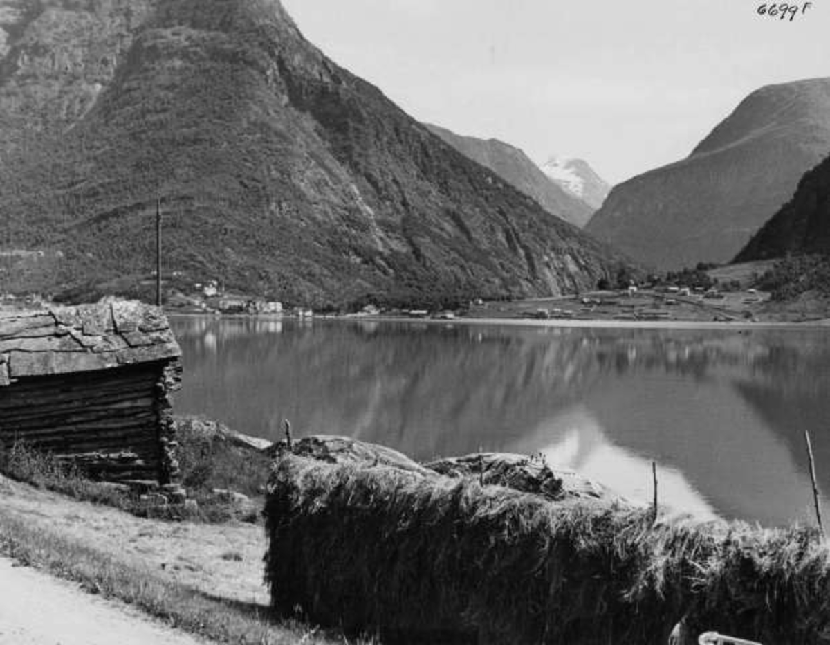 Anders Beer Wilse, I horisonten ser man bygda Skjolden med fjellet Fanaråken i bakgrunnen.