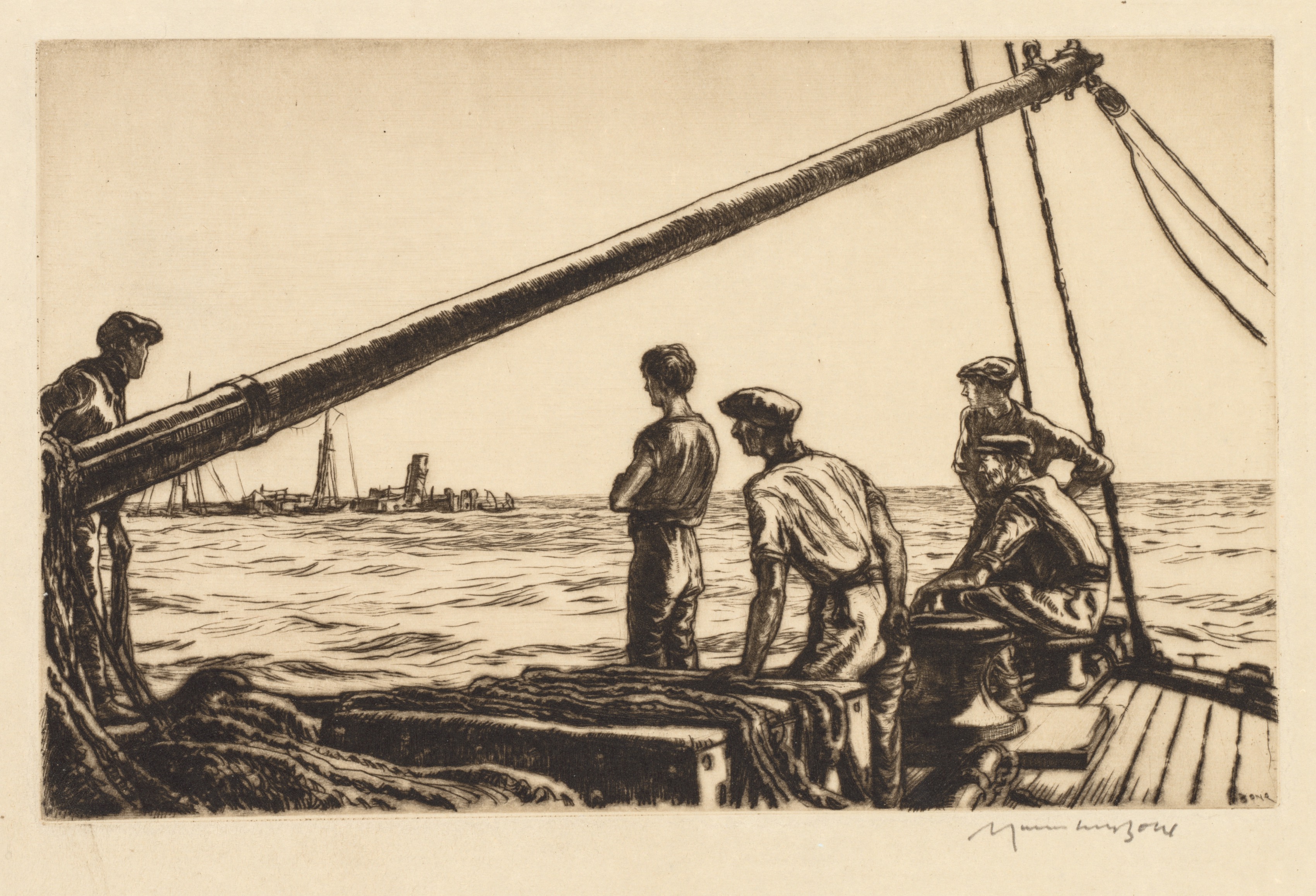 Muirhead Bone, Salvage Men Approaching a Torpedoed Ship