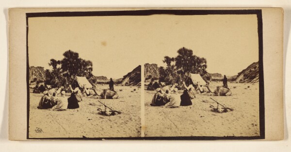 Francis Frith, [Men at campsite. palm trees in background, camels around tent]