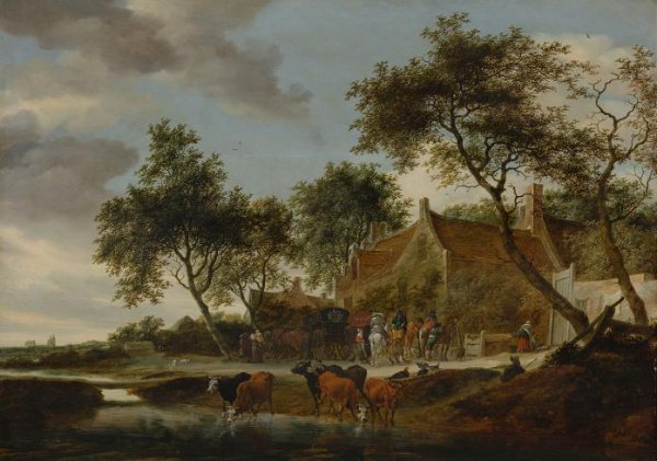 Salomon van Ruysdael, Landscape with Travellers before an Inn near a Watering Place