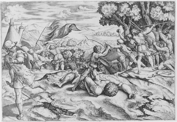 Marcantonio Raimondi, David raising sword to decapitate a fallen Goliath among battling soldiers