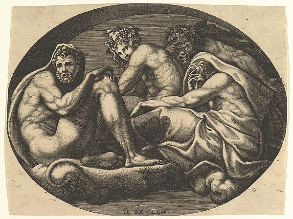 Giorgio Ghisi, Hercules, Bacchus, Pan, and Saturn(?), from a series of eight compositions after Francesco Primaticcio's designs for the ceiling of the Ulysses Gallery (destroyed 1738–39) at Fontainebleau