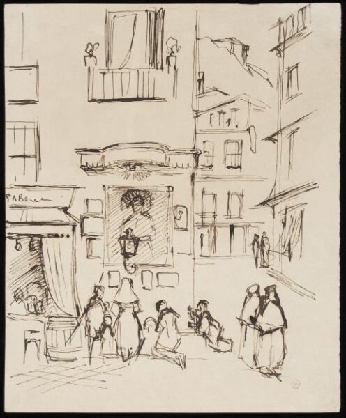 John Frederick Lewis, Rough composition sketch of a shrine, with people praying, on the corner of a Spanish street