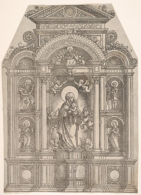 Albrecht Altdorfer, Altarpiece with the Beautiful Virgin of Regensburg and Saints Christopher, Mary Magdalen, Florian and Catherine Standing in Niches, with God the Father Above