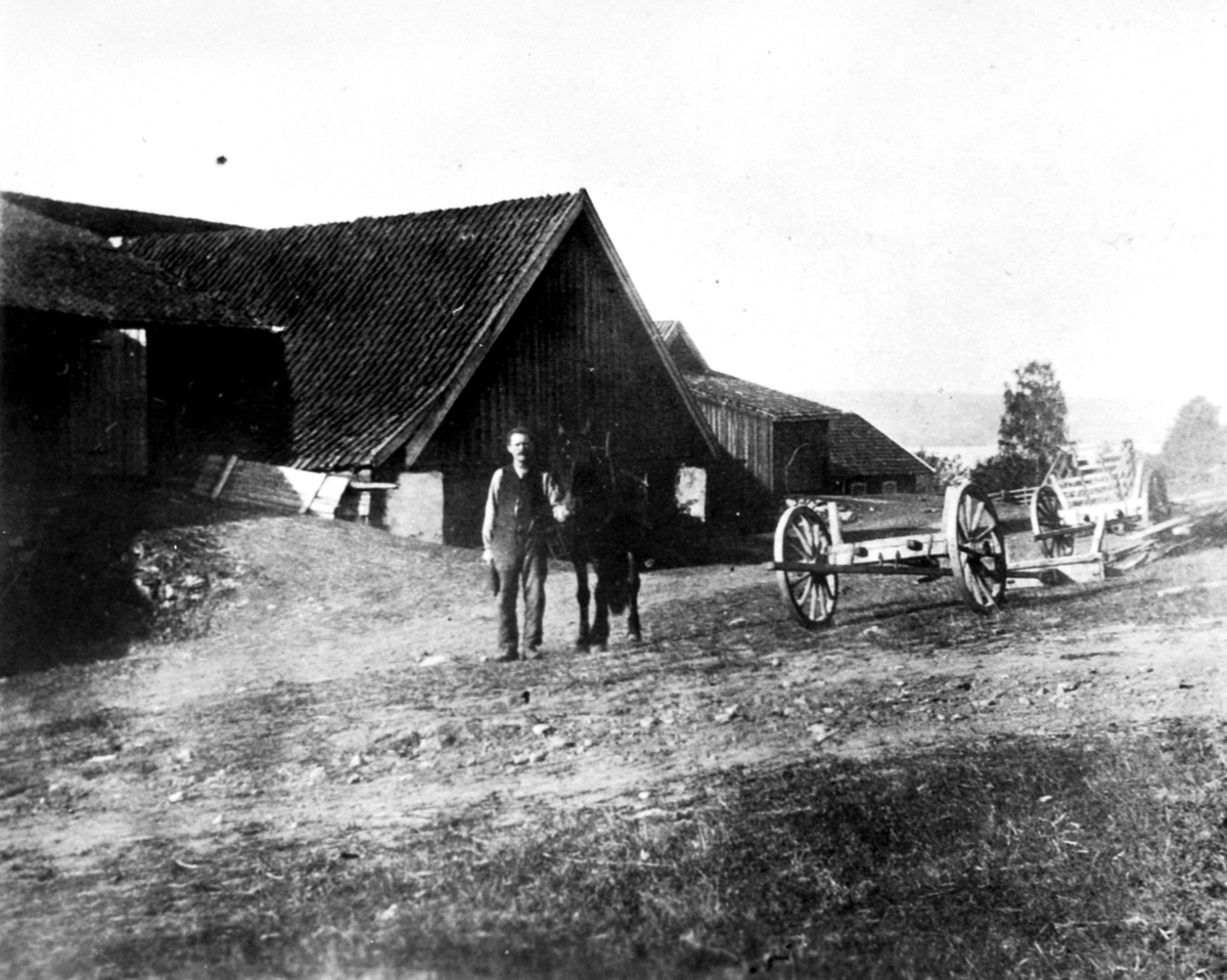 Anno Domkirkeodden, Stallkar Olivius Maurud f.1869 med hest ovenfor gamlelåven på Hovelsrud, Helgøya. Låven brant i 1934.