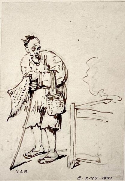 George Chinnery, A stooping Chinese figure by a foodstall