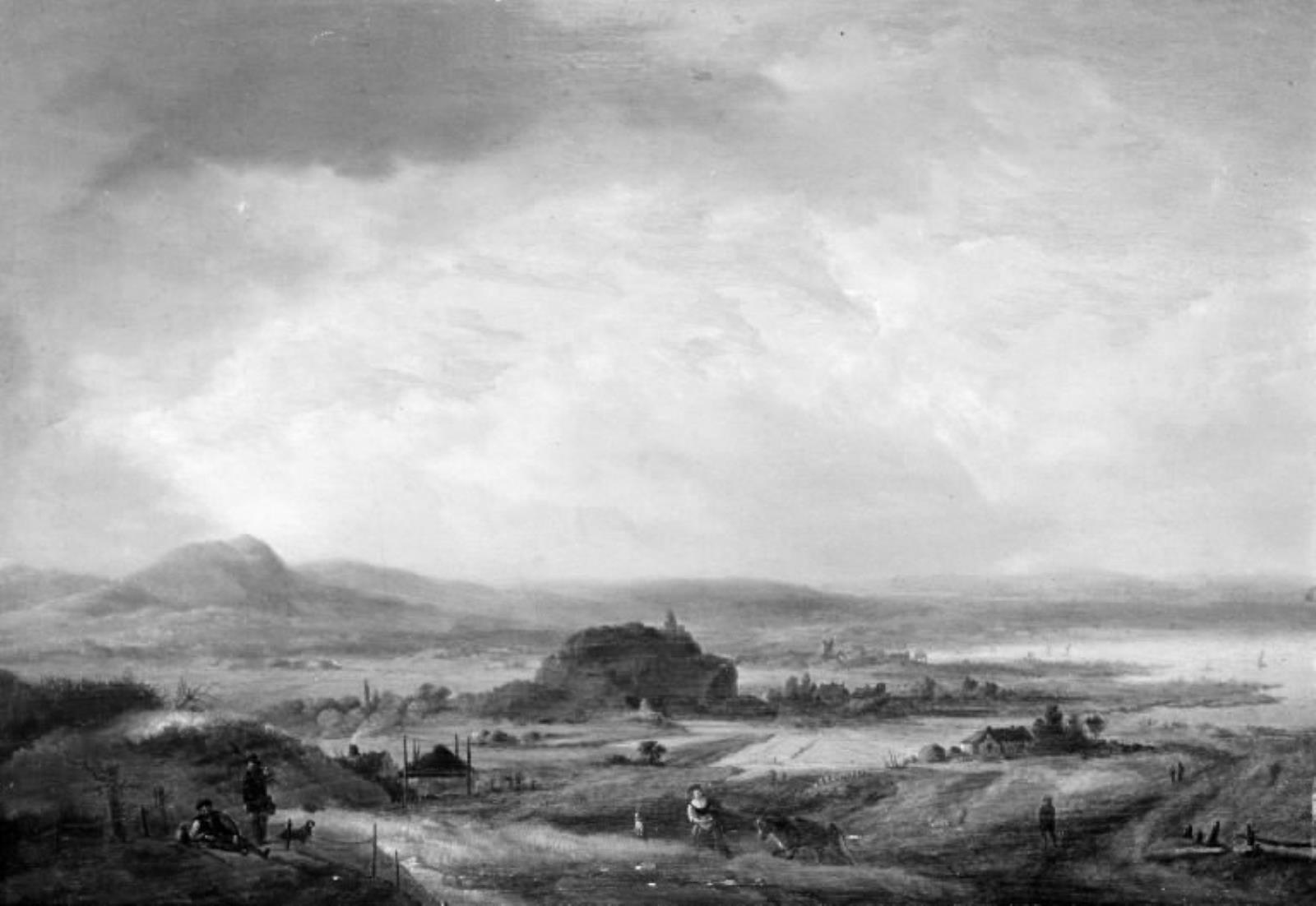 Johann Salomon Wahl, Bakket landskab med bønderhuse. I baggrunden en sø